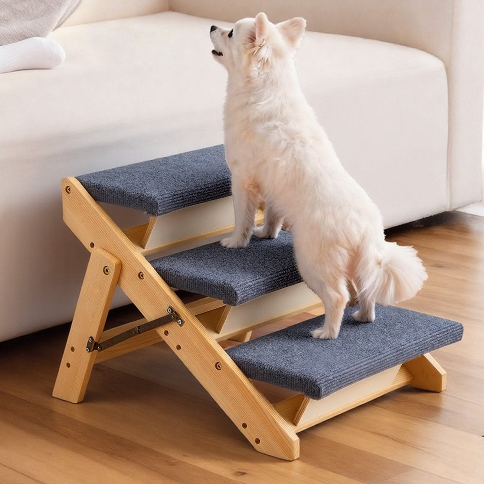 Wood Pet Stairs, 3 - Step Dog Stairs for Beds, Sofa & Cars, 150lbs Load Capacity, Floded Flat Design, Stable & Sturdy Cat & Dog Step Ladder for Small Medium Large Older Pet Puppy Essentials - Dog Time Outlet