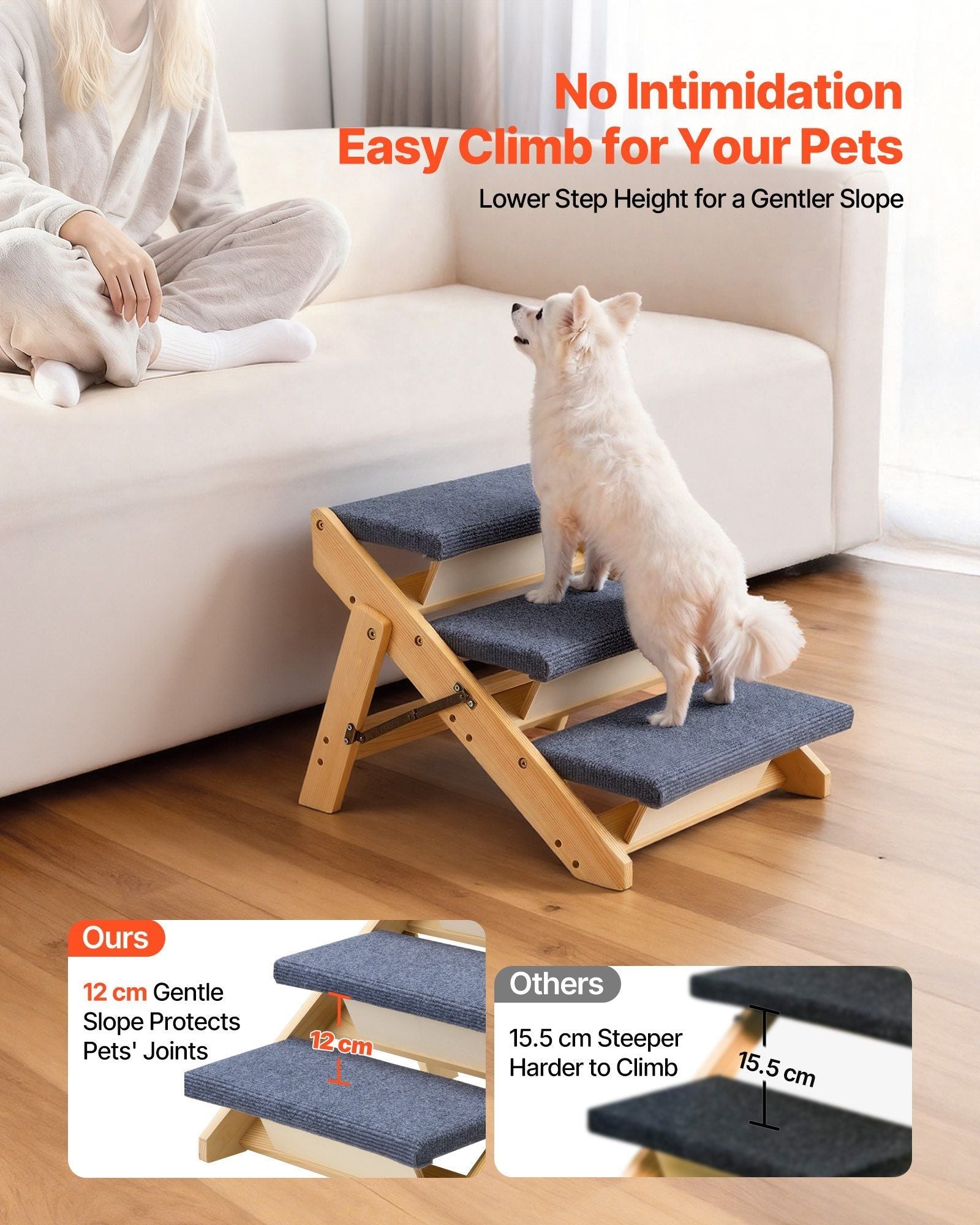 Wood Pet Stairs, 3 - Step Dog Stairs for Beds, Sofa & Cars, 150lbs Load Capacity, Floded Flat Design, Stable & Sturdy Cat & Dog Step Ladder for Small Medium Large Older Pet Puppy Essentials - Dog Time Outlet