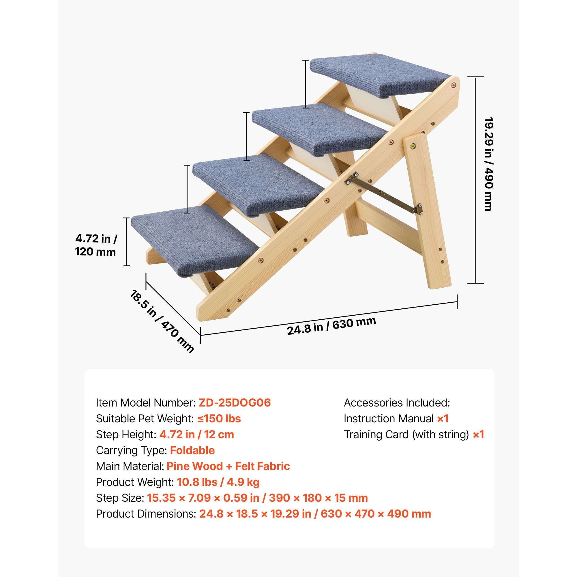 Wood Pet Stairs, 4 - Step Dog Stairs for Beds, Sofa & Cars, 150lbs Load Capacity, Floded Flat Design, Stable & Sturdy Cat & Dog Step Ladder for Small Medium Large Older Pet Puppy Essentials - Dog Time Outlet