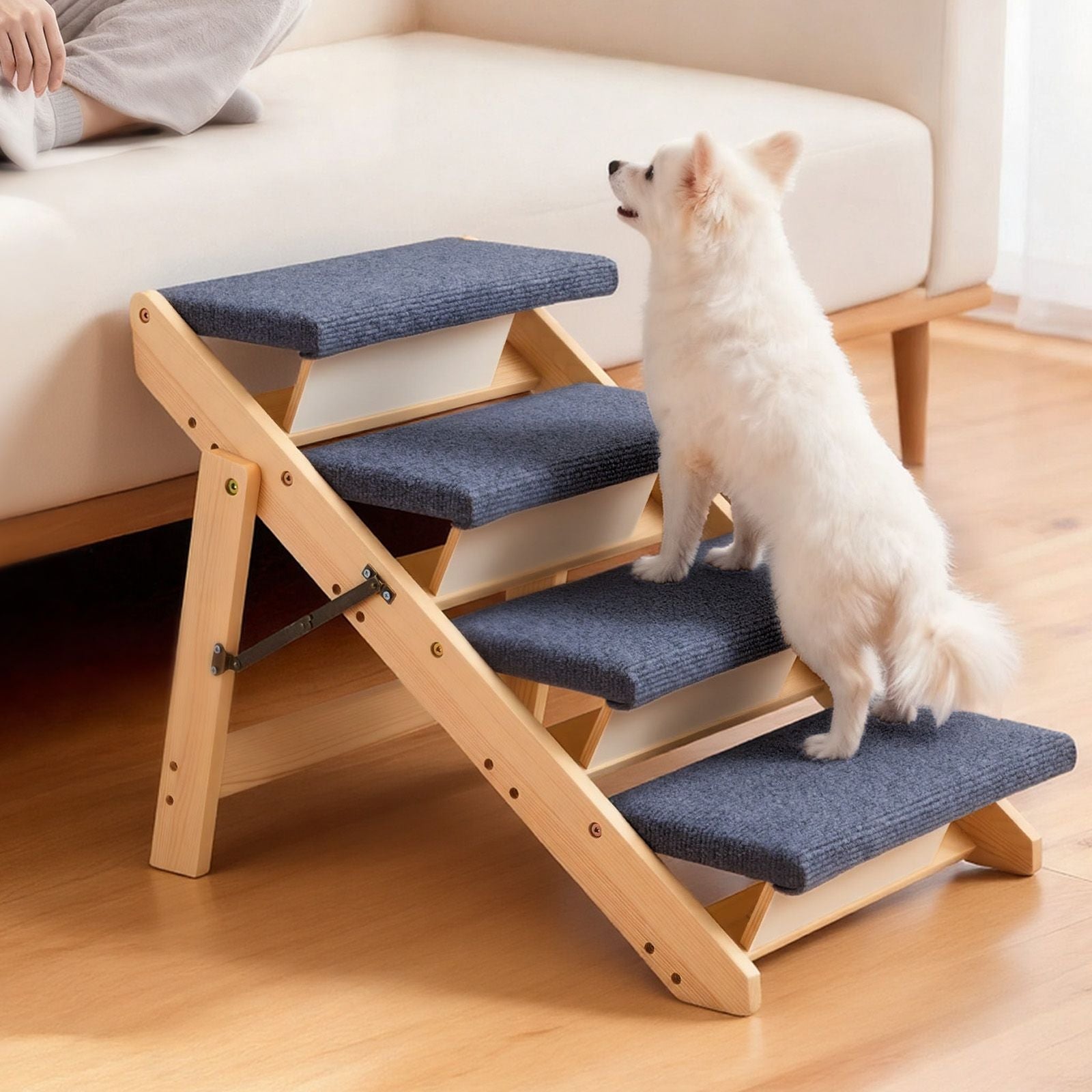 Wood Pet Stairs, 4 - Step Dog Stairs for Beds, Sofa & Cars, 150lbs Load Capacity, Floded Flat Design, Stable & Sturdy Cat & Dog Step Ladder for Small Medium Large Older Pet Puppy Essentials - Dog Time Outlet
