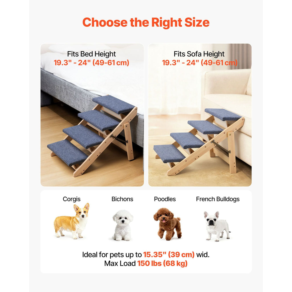 Wood Pet Stairs, 4 - Step Dog Stairs for Beds, Sofa & Cars, 150lbs Load Capacity, Floded Flat Design, Stable & Sturdy Cat & Dog Step Ladder for Small Medium Large Older Pet Puppy Essentials - Dog Time Outlet