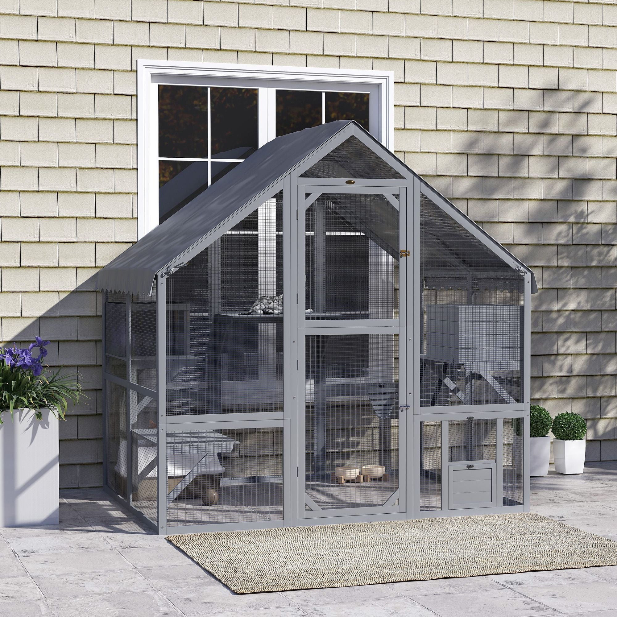 Wooden Catio Outdoor Cat Enclosure with Waterproof Cover, 2 Condos, 4 Platforms, Bridge, Doors, for Multiple Cats, Gray - Dog Time Outlet