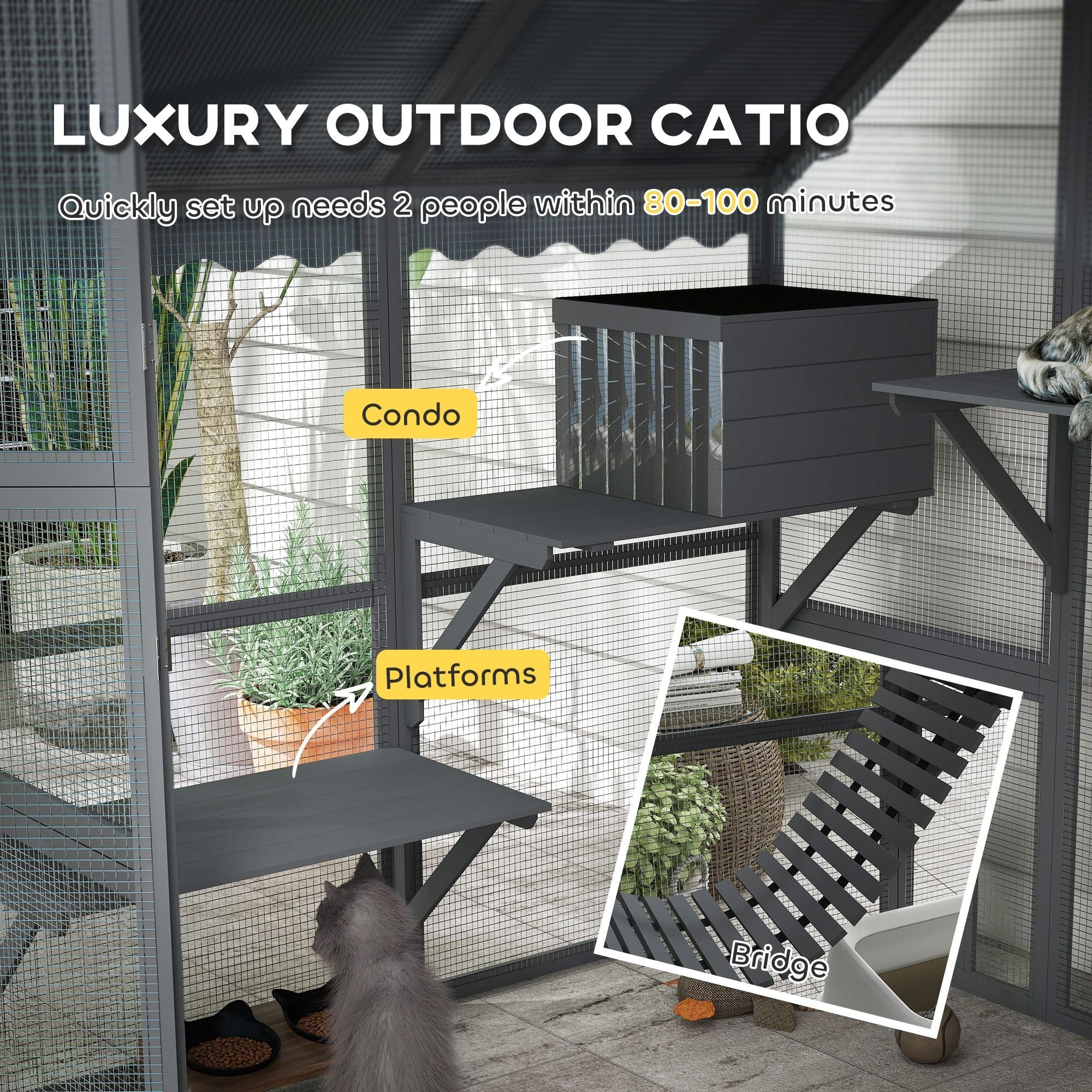 Wooden Catio Outdoor Cat Enclosure with Waterproof Cover, 2 Condos, 4 Platforms, Bridge, Doors, for Multiple Cats, Gray - Dog Time Outlet