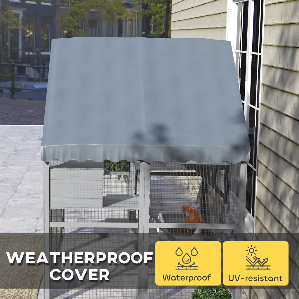 Wooden Catio Outdoor Cat Enclosure with Waterproof Cover, 2 Condos, 4 Platforms, Bridge, Doors, for Multiple Cats, Gray - Dog Time Outlet
