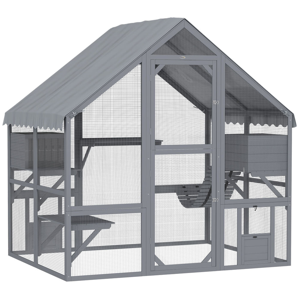 Wooden Catio Outdoor Cat Enclosure with Waterproof Cover, 2 Condos, 4 Platforms, Bridge, Doors, for Multiple Cats, Gray - Dog Time Outlet