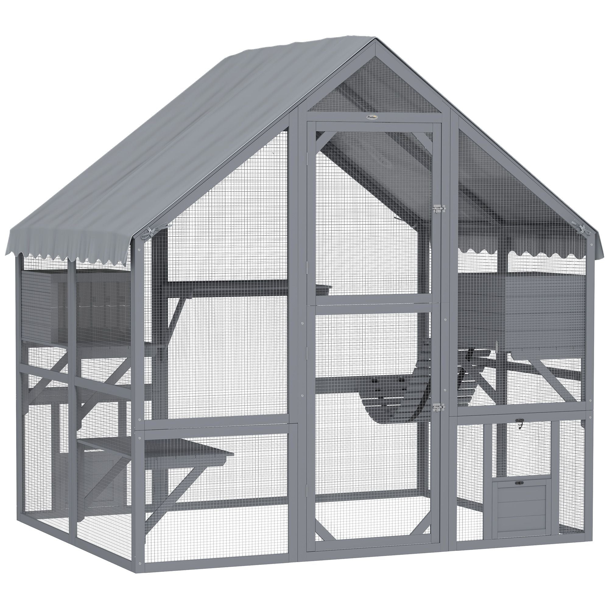 Wooden Catio Outdoor Cat Enclosure with Waterproof Cover, 2 Condos, 4 Platforms, Bridge, Doors, for Multiple Cats, Gray - Dog Time Outlet