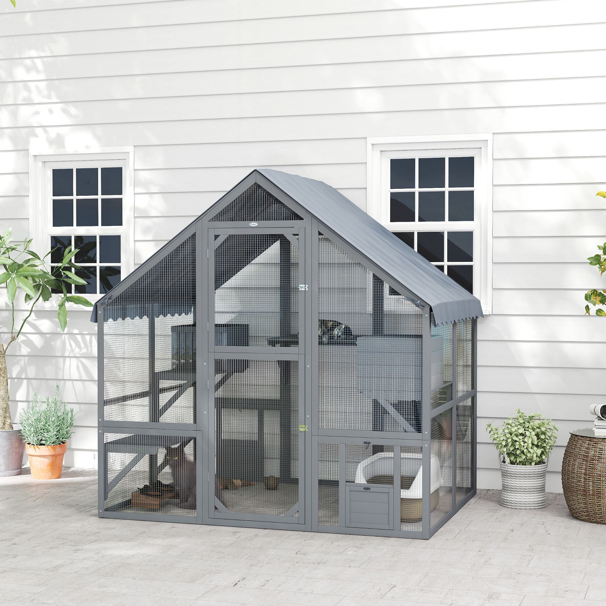 Wooden Catio Outdoor Cat Enclosure with Waterproof Cover, 2 Condos, 4 Platforms, Bridge, Doors, for Multiple Cats, Gray - Dog Time Outlet
