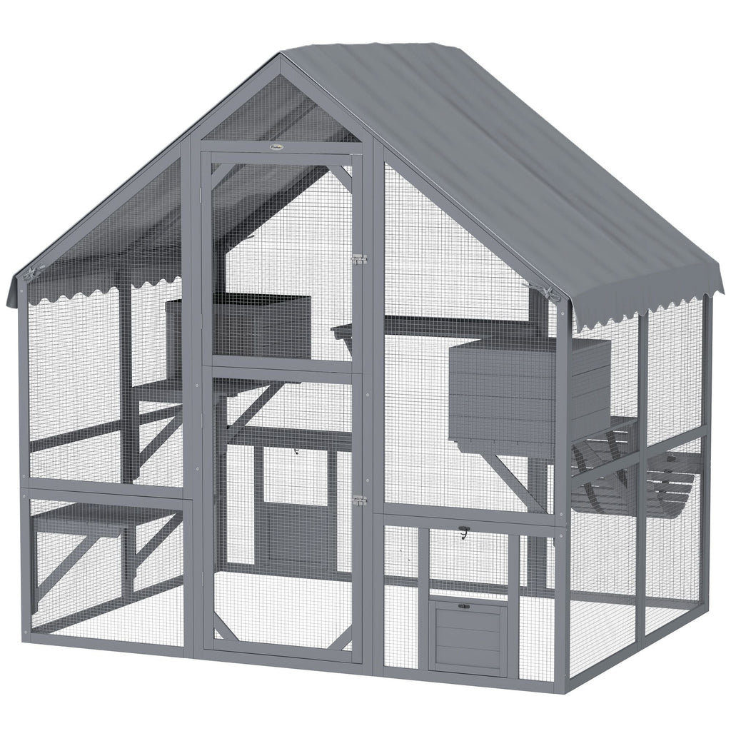 Wooden Catio Outdoor Cat Enclosure with Waterproof Cover, 2 Condos, 4 Platforms, Bridge, Doors, for Multiple Cats, Gray - Dog Time Outlet