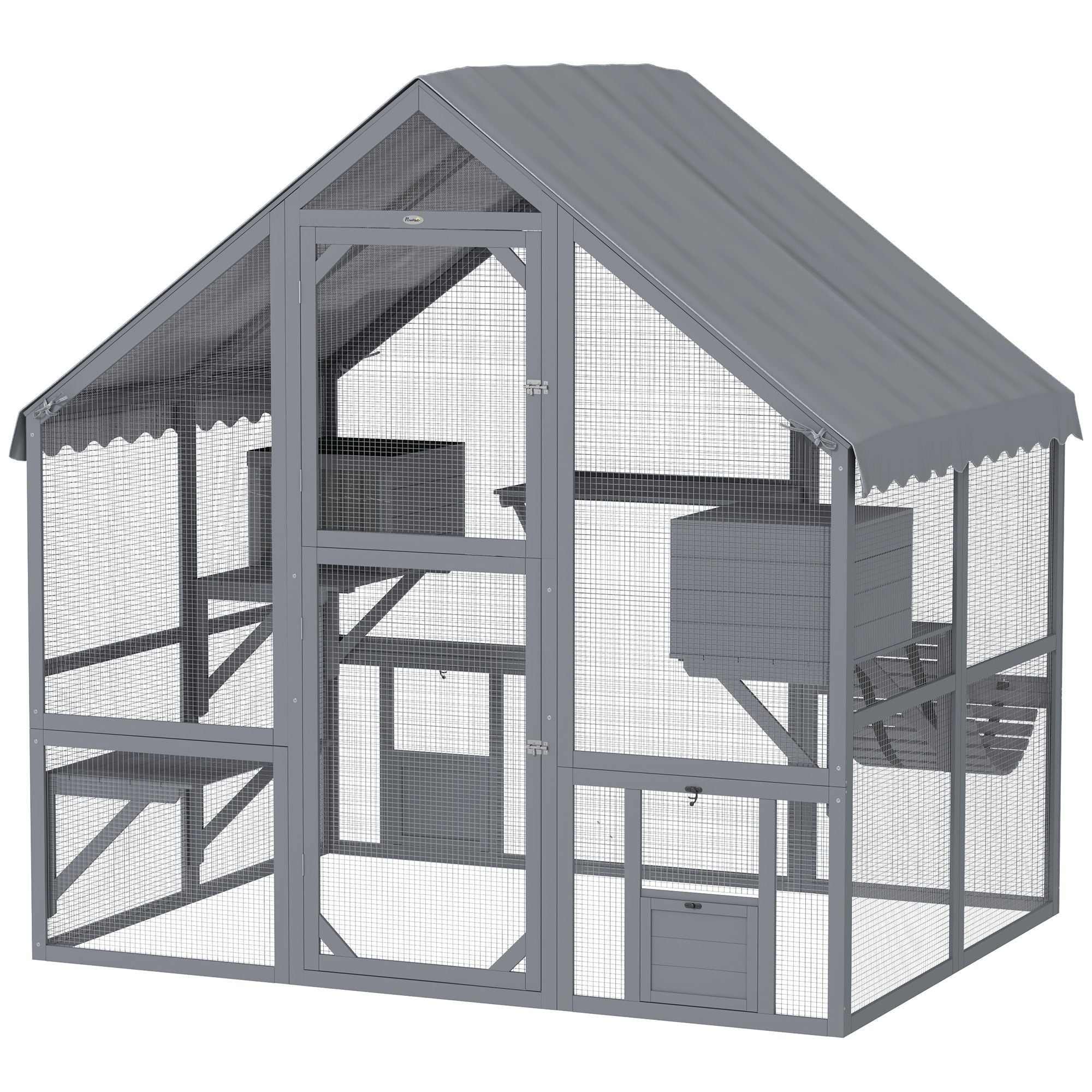 Wooden Catio Outdoor Cat Enclosure with Waterproof Cover, 2 Condos, 4 Platforms, Bridge, Doors, for Multiple Cats, Gray - Dog Time Outlet