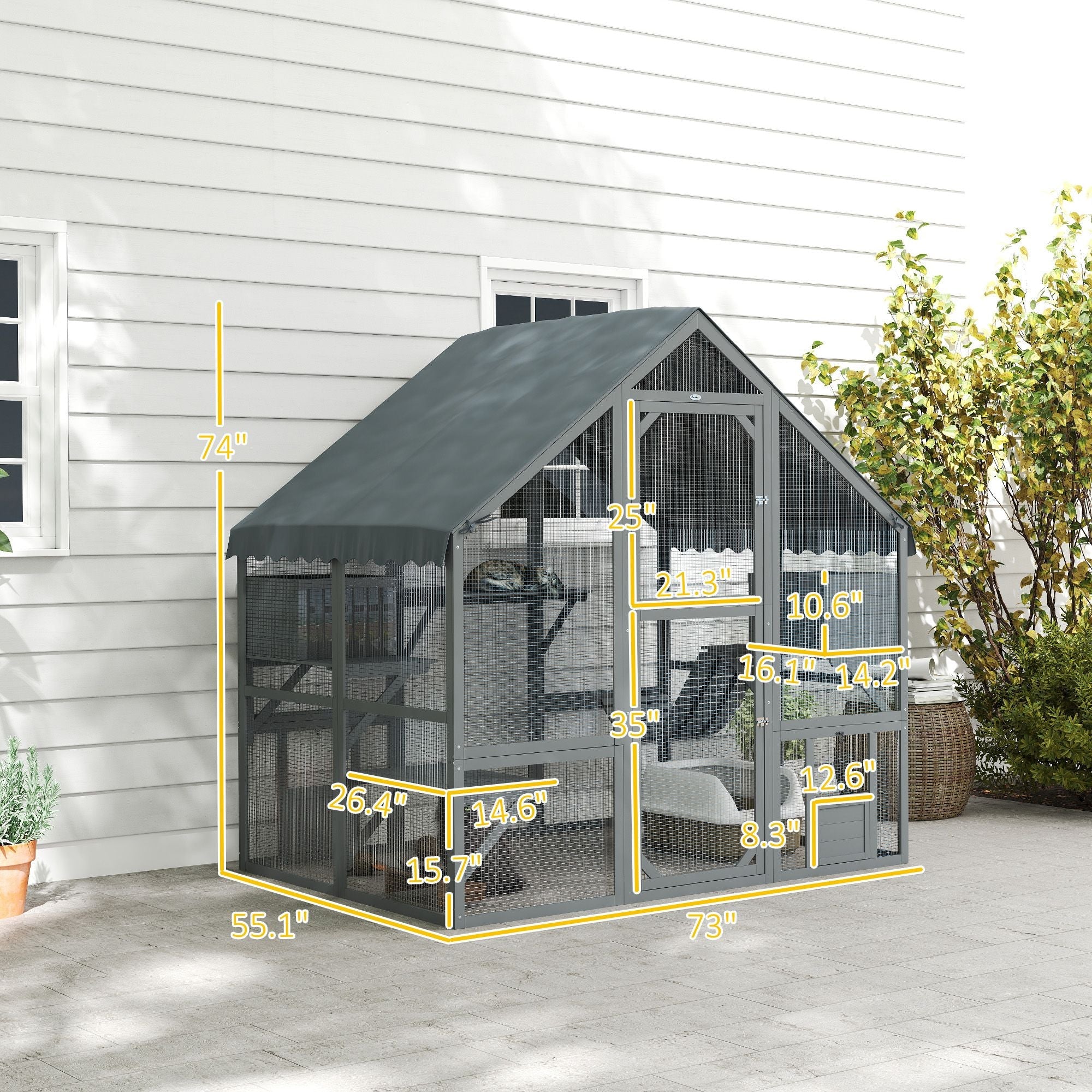 Wooden Catio Outdoor Cat Enclosure with Waterproof Cover, 2 Condos, 4 Platforms, Bridge, Doors, for Multiple Cats, Gray - Dog Time Outlet