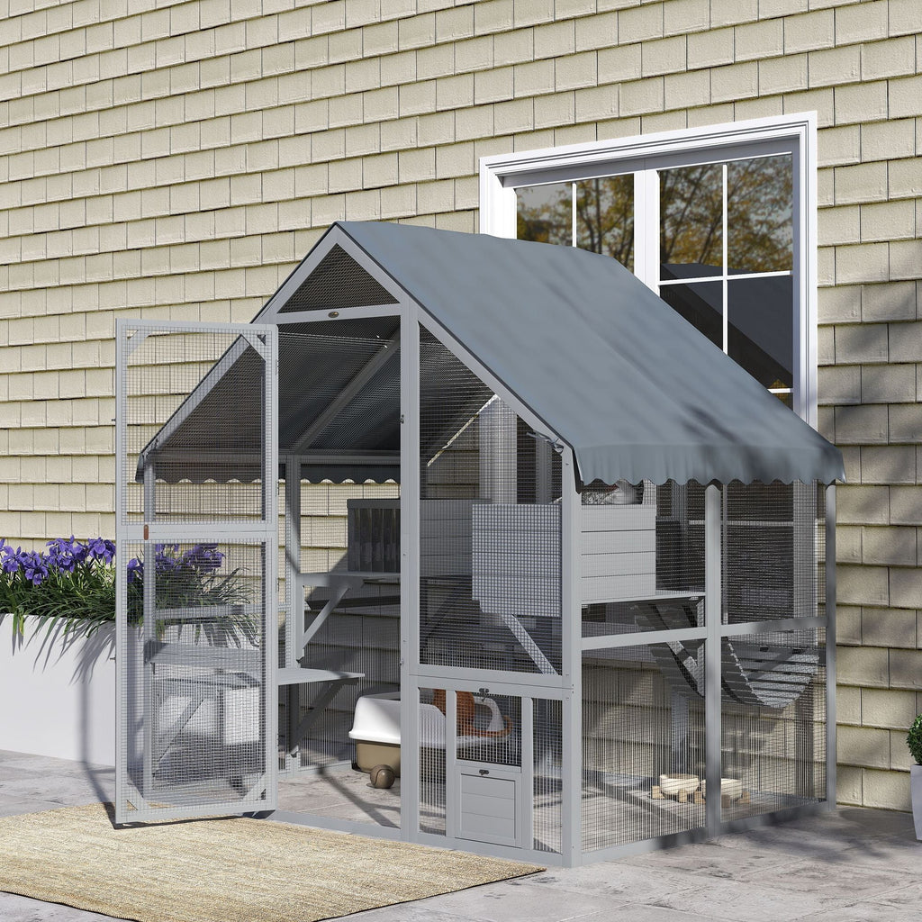 Wooden Catio Outdoor Cat Enclosure with Waterproof Cover, 2 Condos, 4 Platforms, Bridge, Doors, for Multiple Cats, Gray - Dog Time Outlet