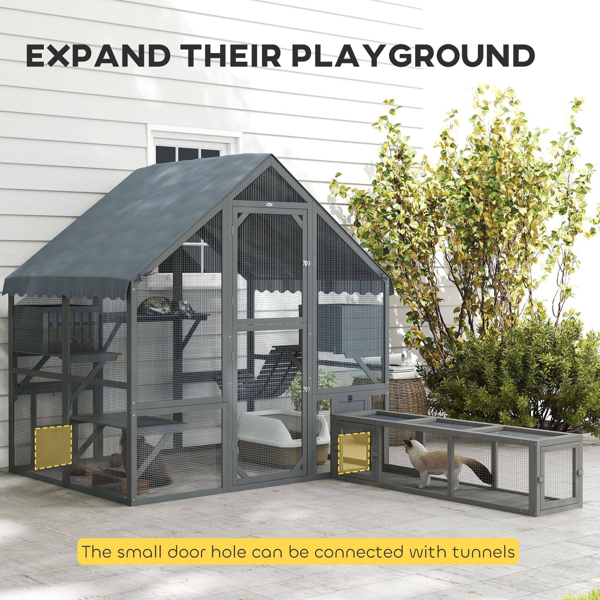 Wooden Catio Outdoor Cat Enclosure with Waterproof Cover, 2 Condos, 4 Platforms, Bridge, Doors, for Multiple Cats, Gray - Dog Time Outlet