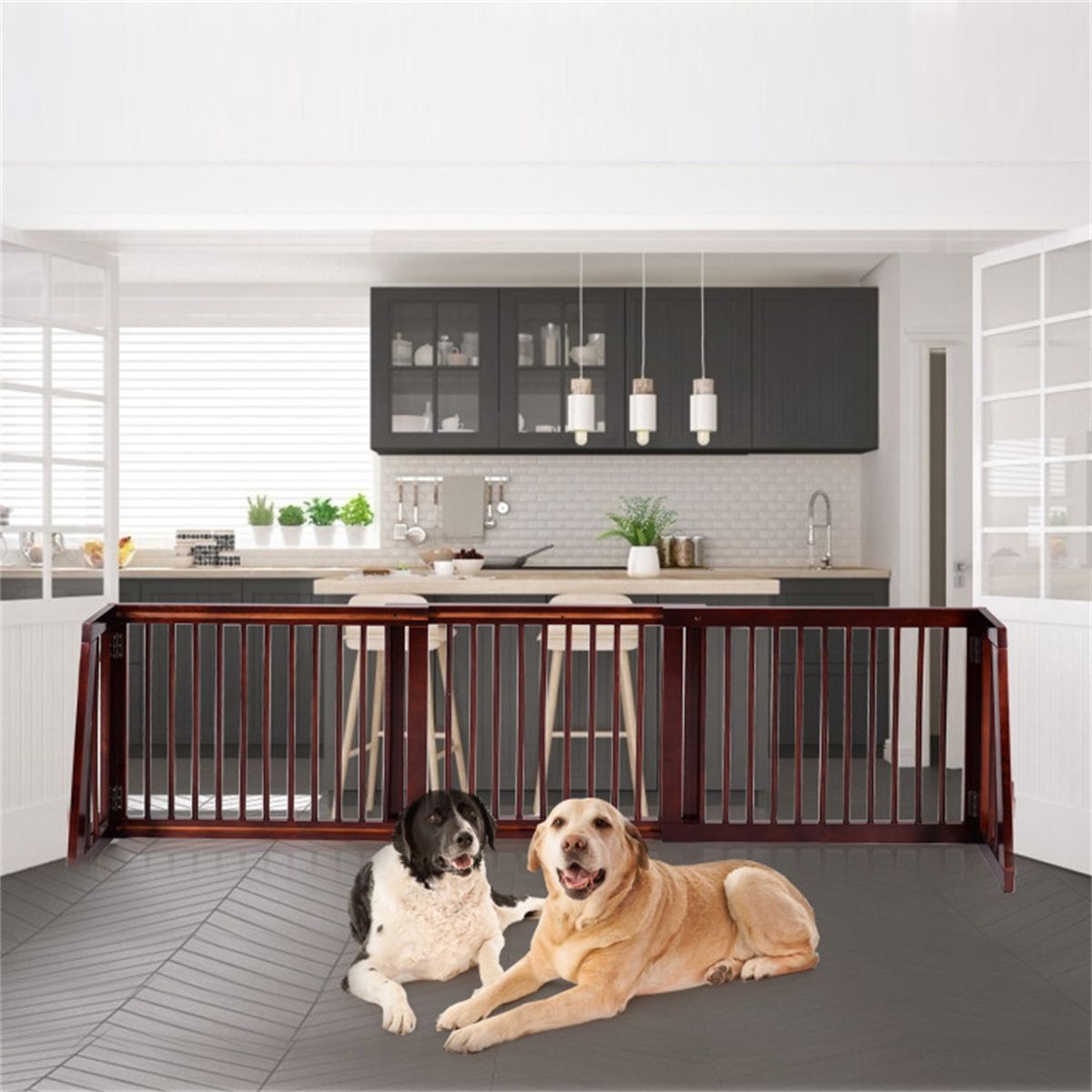 Wooden Pet Gate 3 Panels,Freestanding Length Adjustable - Dog Time Outlet