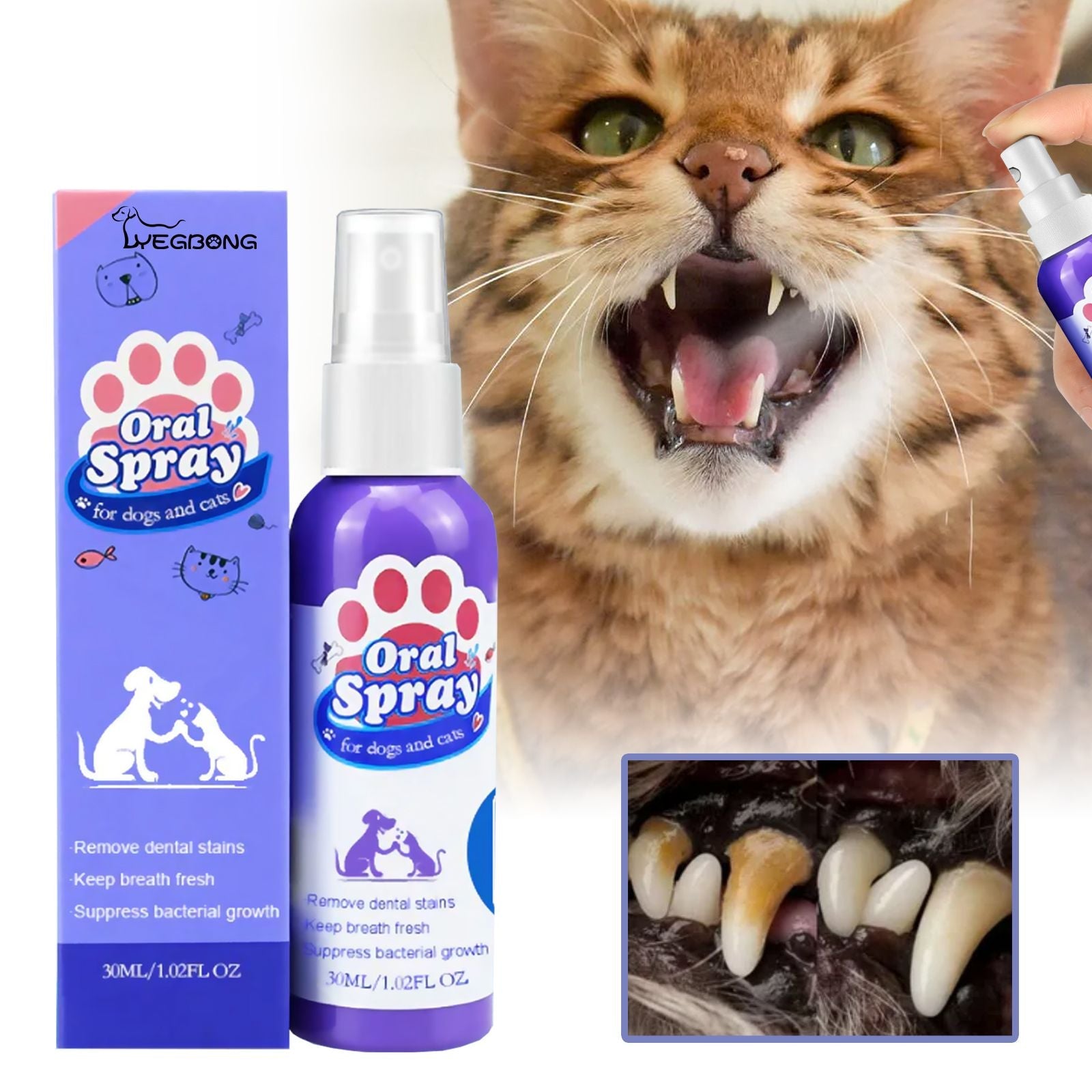 Yegbong Tooth Cleaning Spray For Cats And Dogs, Tooth Stains Fresh Breath Pets Oral Care Spray - Dog Time Outlet
